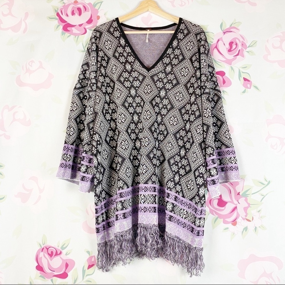 NEW Free People It’s A Cinch Boho Geo Pattern Knit Sweater Fringe Mini Dress L